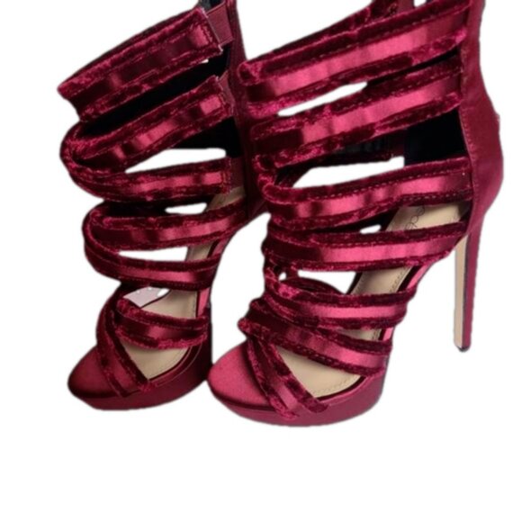 Gorgeous Burgundy Strappy Suede Velvet Platform Stiletto Heels - JustFab - Picture 1 of 11